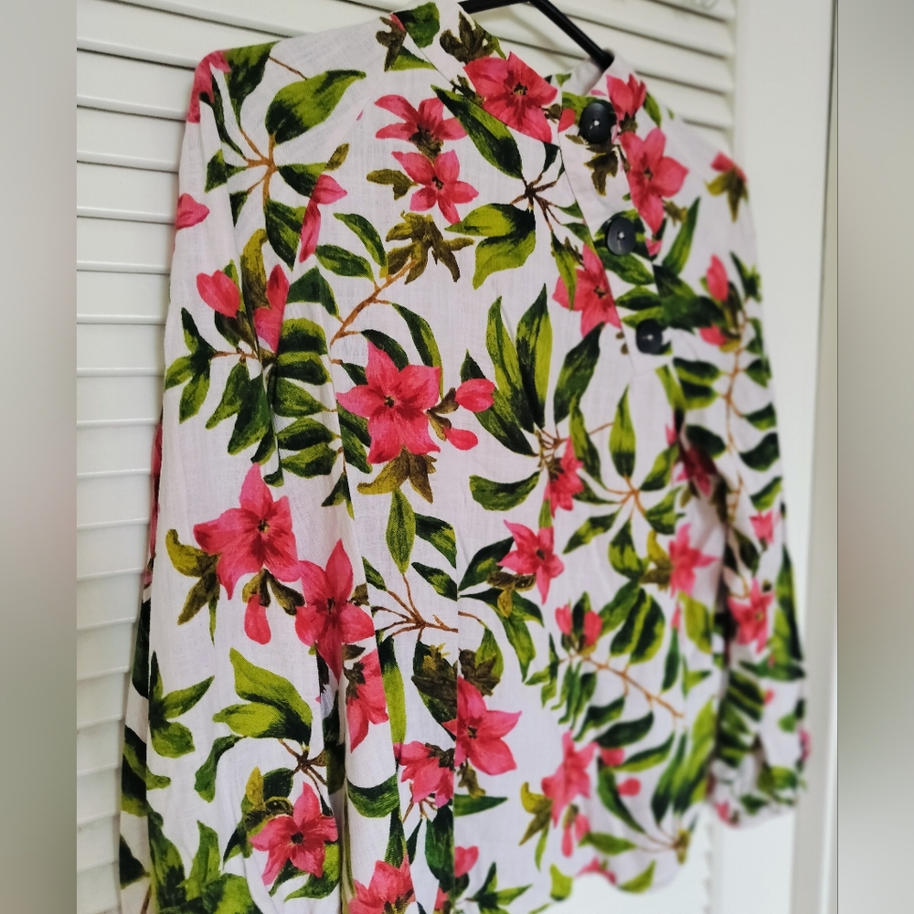 Zara Linen Blend Tropical Floral Blouse Green/Pink Size M Hawaiian - Picture 2 of 7